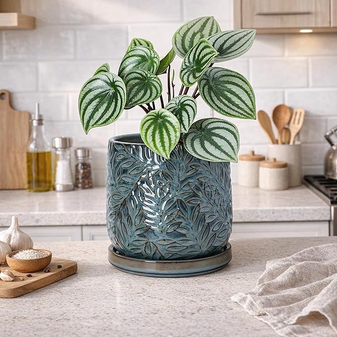 D'vine Dev 6 Inch Embossed Leaves Stoneware Planter Pot with Drainage Hole and Saucer, Ocean Teal, 27-A-X-8