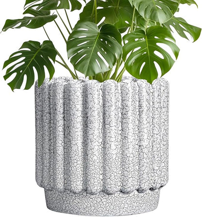 Ceramic Flower Pots - 9.6 Inch Indoor Planter, Decorative Ceramic Plant Pots with Drainage Hole, Fluted Round Large Planter Outdoor, Living Room Decor, Gifts for Women Men, Black and White