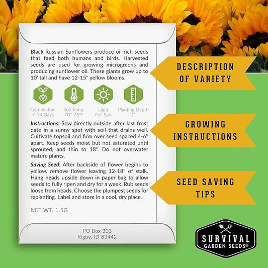 Sunflower Seeds Collection for Planting | 6 Variety Pack – Autumn Beauty, Black Russian, Chocolate Cherry, Sungold, Lemon Queen & Mexican Sunflower – Heirloom Non-GMO – Survival Garden Seeds