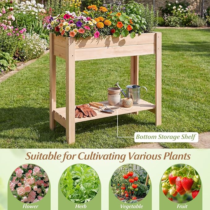 HAPPYGRILL Wooden Raised Garden Bed with Legs, Elevated Planter Box w/Storage Shelf, Drainage, Liner, Outdoor Solid Wood Gardening Box for Vegetables Herbs Flower, Backyard Patio Balcony Indoor