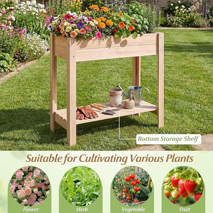 HAPPYGRILL Wooden Raised Garden Bed with Legs, Elevated Planter Box w/Storage Shelf, Drainage, Liner, Outdoor Solid Wood Gardening Box for Vegetables Herbs Flower, Backyard Patio Balcony Indoor