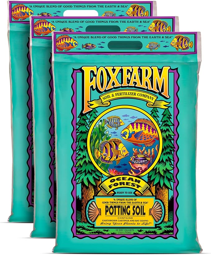 FoxFarm Ocean Forest Potting Soil for Container Gardens - Light, Aerated Texture with Fish Emulsion, Crab Meal, Earthworm Castings - Houseplant Potting Mix for Seedlings & Plant Starts - 3 x 12 Quart