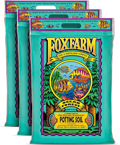 FoxFarm Ocean Forest Potting Soil for Container Gardens - Light, Aerated Texture with Fish Emulsion, Crab Meal, Earthworm Castings - Houseplant Potting Mix for Seedlings & Plant Starts - 3 x 12 Quart