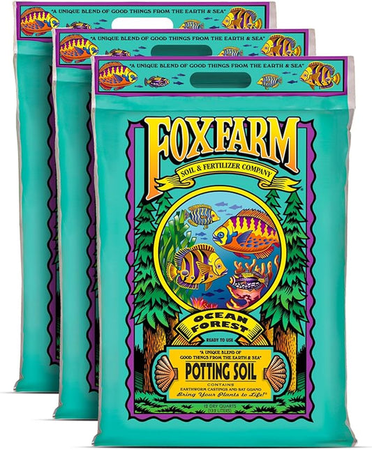 FoxFarm Ocean Forest Potting Soil for Container Gardens - Light, Aerated Texture with Fish Emulsion, Crab Meal, Earthworm Castings - Houseplant Potting Mix for Seedlings & Plant Starts - 3 x 12 Quart