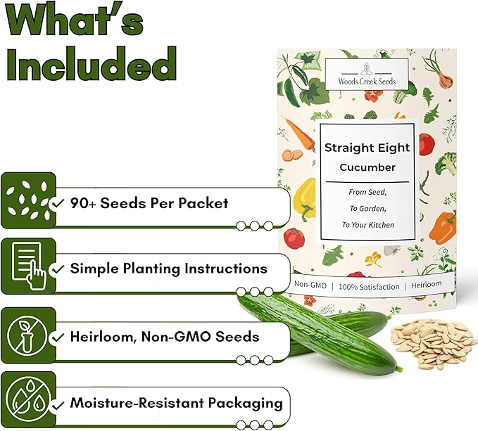 Straight Eight Cucumber Seeds for Planting - Heirloom, Non-GMO Slicing Cucumber Seeds for Outdoor Gardens, Crisp Straight Cucumbers for Fresh Eating | Woods Creek Seeds