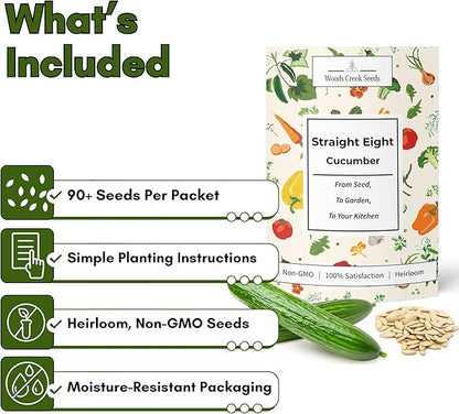 Straight Eight Cucumber Seeds for Planting - Heirloom, Non-GMO Slicing Cucumber Seeds for Outdoor Gardens, Crisp Straight Cucumbers for Fresh Eating | Woods Creek Seeds