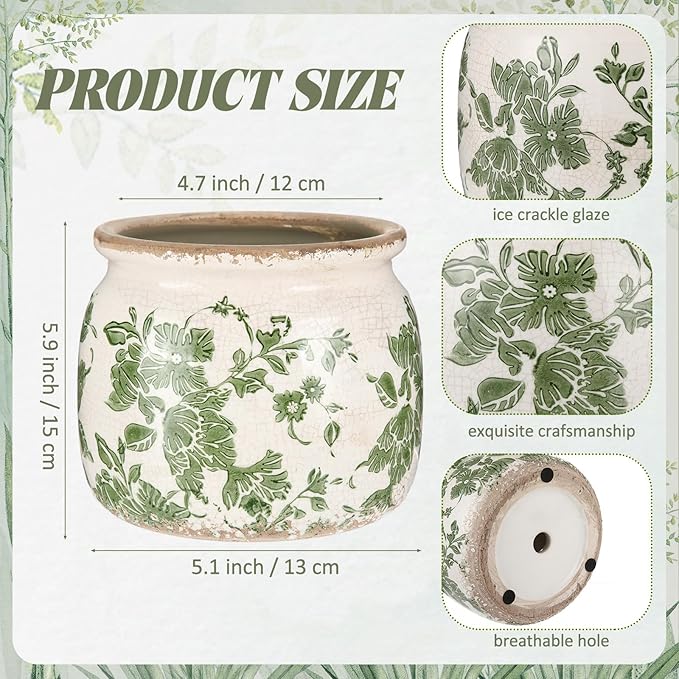 2 Pcs Vintage Planter Large Ceramic Plants Pot Beige Green Vintage Floral Ice Crack Cottage Scroll Vase Flower Vase Pot Indoor Plants Home Kitchen Decor Farmhouse Antique Decorative Gifts