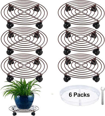6 Packs Large Metal Plant Caddy with Wheels 14" Rolling Plant Stands Heavy-duty Wrought Iron Plant Roller Base Pot Movers Plant Saucer on Wheels Bronze