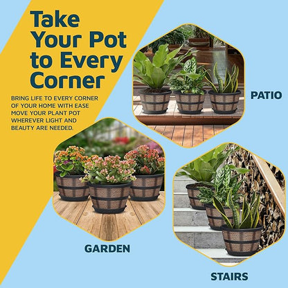 10-Inch Whiskey Barrel Planters Outdoor Pack of 2 - Durable Plastic Plant Pots for Indoor & Outdoor Use with Drainage & Saucer, Lightweight Rustic Barrel Planters for Flowers, Herbs & Small Plants