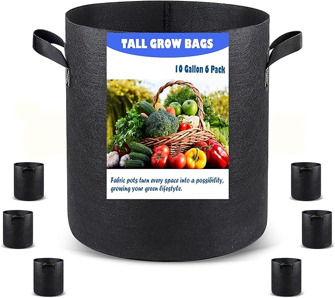 Taller Grow Bags for Deep Root Plants, 10 Gallon 6 Pack Thickened Nonwoven Fabric Pots with Short Handles, Washable Reusable Cloth Plant Bags for Vegetables, Pond Aquatic Plants