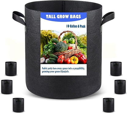 Taller Grow Bags for Deep Root Plants, 10 Gallon 6 Pack Thickened Nonwoven Fabric Pots with Short Handles, Washable Reusable Cloth Plant Bags for Vegetables, Pond Aquatic Plants
