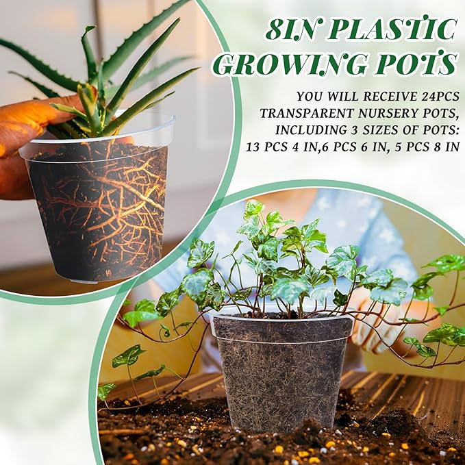 Maxcheck 24 Pcs Thick Clear Nursery Pots for Plants Transparent Plastic Garden Pots with Holes for Seedling Variety Plants Growing in Garden Home (4+6+8 Inch)