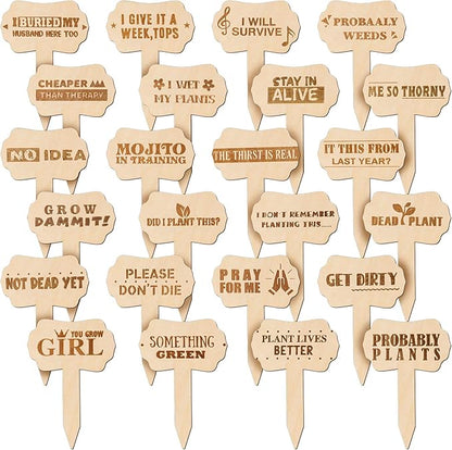24 Pcs Funny Plant Makers Label Wooden Plant Sign Tag for Succulent Flower Greenery with Stake Interesting Word Cute Pattern Garden Marker for Outdoor Indoor Patio Supplies Gardener Novelty Gift