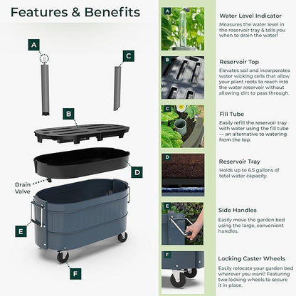 Permasteel Self-Watering Garden Bed, Rolling Planter for Vegetables, Flowers, Herbs, and Fruit, Outdoor Indoor, Caster Wheels, Blue