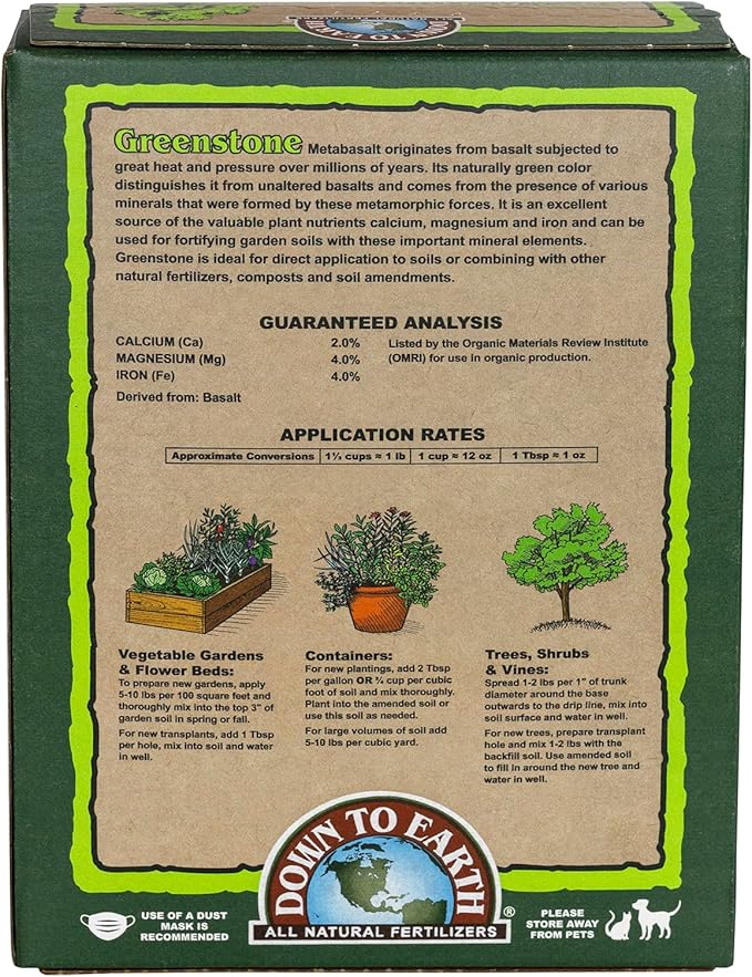 Down To Earth All Natural Fertilizers Organic Greenstone Metabasalt - Soil Amendment with Trace Minerals, Iron, Calcium, Magnesium, 5 lb