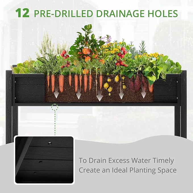 LUE BONA Raised Garden Bed with Tools, 47*18*29 in, Poly Elevated Planter Box with Legs And Storage Shelf, Weather Resistant, 3-Year Warranty, Standing Growing Bed Herb Planter for Vegetable, Black
