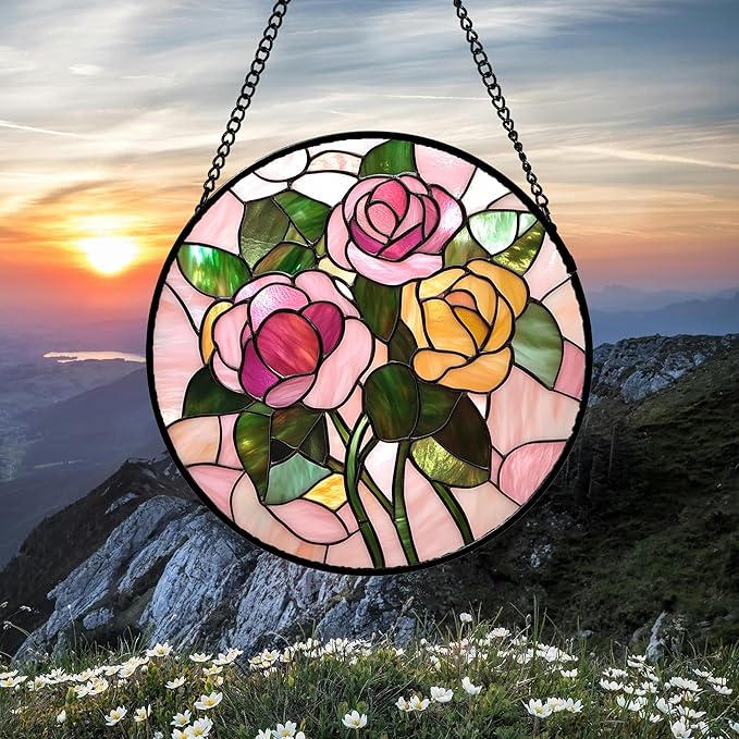 Stained Glass Window Hanging 4 Pcs Set Pink Floral Theme 7.8" - Flowers Suncatcher Door Garden Sun Catcher Decor Birthday Christmas for Mom Woman Nana Men Friend