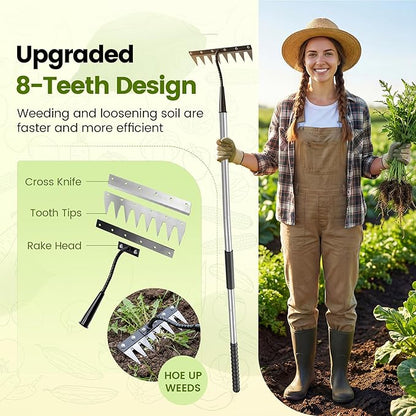 Iron Weeding Rake with Long Handle - Upgraded 8 Teeth Weed Puller Tool, Heavy Duty Manual Weeder Remover Tool for Weeding, Cultivating & Soil Aeration