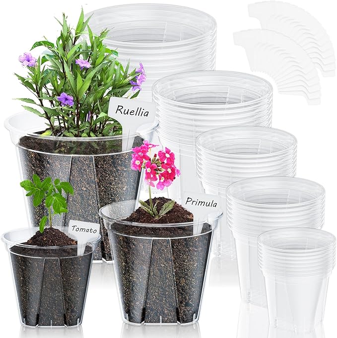 40 Pack Clear Nursery Pots for Plants, 3.9/4.7/5.5/5.9/6.3 Inch Reinforced Plastic Plant Pots with Drainage Holes High Transparency Plant Pot Seed Starter Pot High Transparency with 30 Plant Labels