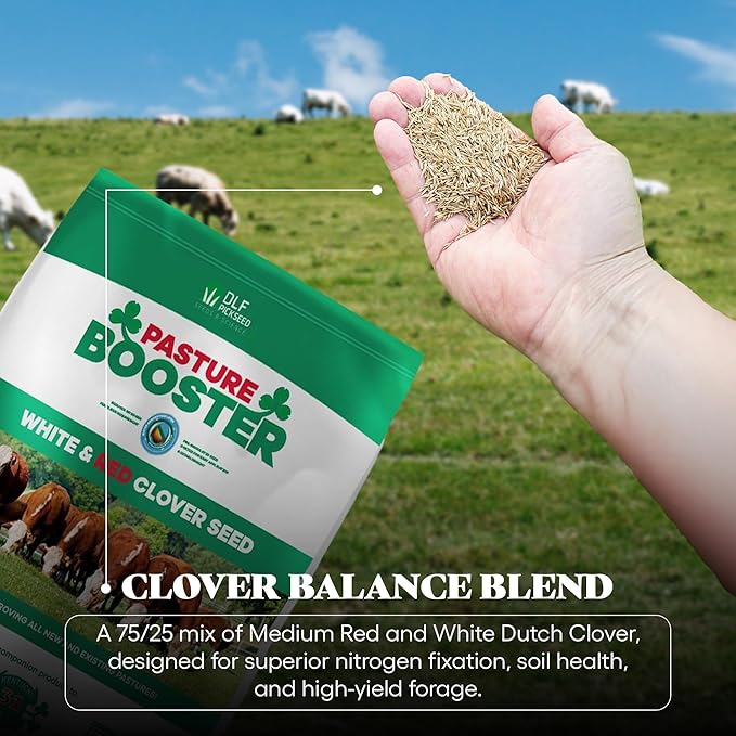 DLF Pasture Booster Clover Seed Mixture - Premium Clover Seed for Pastures, Livestock, Horses, Providing Protein & Essential Nutrients Enhance Soil Health - (White & Red Clover) 5 lbs, 0.21 cubic feet