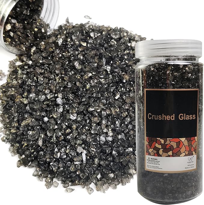 HappyFiller 1.3 LB Crushed Glass Sand Broken Pieces Grey Mix with Glitter for Resin Arts Crafts, Succulent Planter Soil Cover,Vase Fillers,Candle Holder Decor,Terrarium Small Pebbles Stones