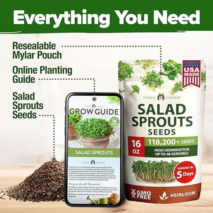 HOME GROWN Premium Sprouting Seeds Mix - Microgreens 118,200 Seeds for Indoor Growing - Non-GMO Broccoli, Alfalfa, Radish, Clover Sprouts Seed - 16oz Resealable Pack for Healthy Salad & Juicing
