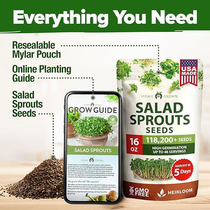 HOME GROWN Premium Sprouting Seeds Mix - Microgreens 118,200 Seeds for Indoor Growing - Non-GMO Broccoli, Alfalfa, Radish, Clover Sprouts Seed - 16oz Resealable Pack for Healthy Salad & Juicing