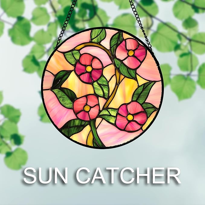 Stained Glass Window Hanging 4 Pcs Set Pink Floral Theme Large 15" - Flowers Suncatcher Door Garden Sun Catcher Decor Birthday Christmas for Mom Woman Nana Men Friend