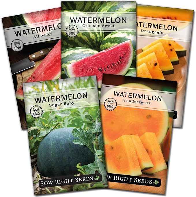 Sow Right Seeds - Watermelon Fruit Seeds Collection for Planting - Crimson Sweet, Allsweet, Sugar Baby, Tendersweet, and Orangeglo Melons - Non-GMO Heirloom Seeds to Plant a Home Vegetable Garden