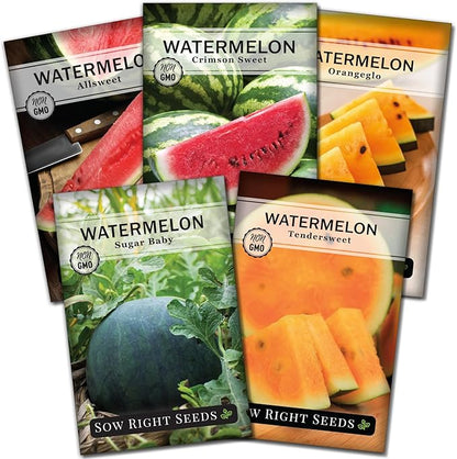 Sow Right Seeds - Watermelon Fruit Seeds Collection for Planting - Crimson Sweet, Allsweet, Sugar Baby, Tendersweet, and Orangeglo Melons - Non-GMO Heirloom Seeds to Plant a Home Vegetable Garden
