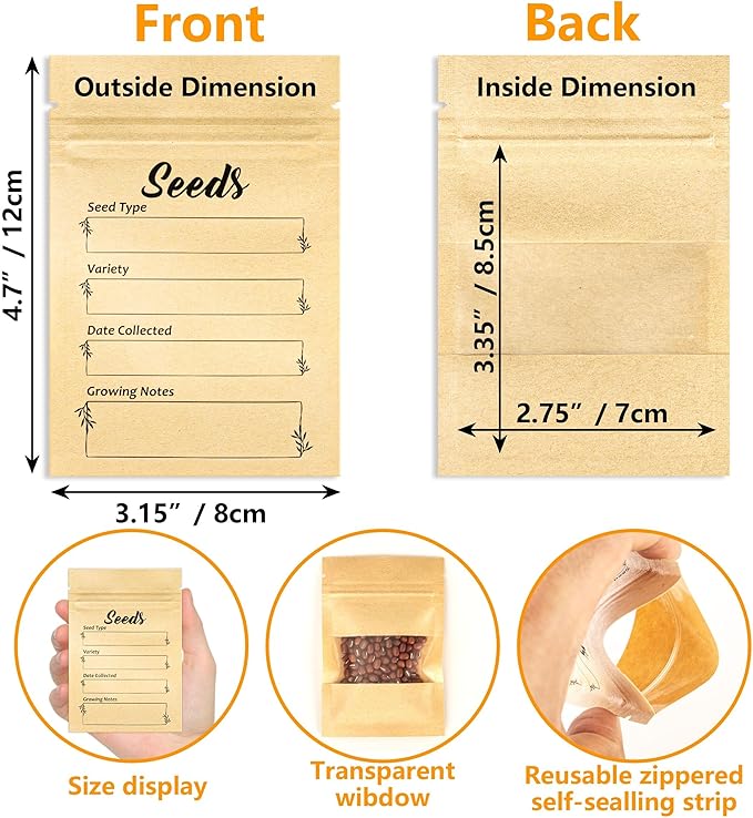 100pcs Seed Envelopes Resealable with Clear Window Kraft Paper Packets for Garden Flower Vegetable Plants Storage and Organizer 4.7 X 3.15inch