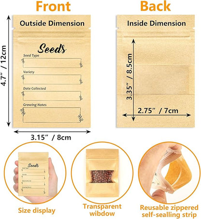 100pcs Seed Envelopes Resealable with Clear Window Kraft Paper Packets for Garden Flower Vegetable Plants Storage and Organizer 4.7 X 3.15inch