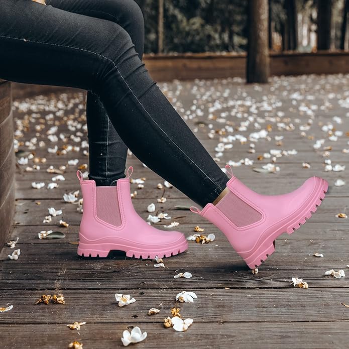 DKSUKO Rain Boots Women Waterproof Chelsea Boots Ankle Garden Shoes for Ladies Rubber Short Rainboots with Removable Comfort Insole for Outdoor Work Deck Mud Boots