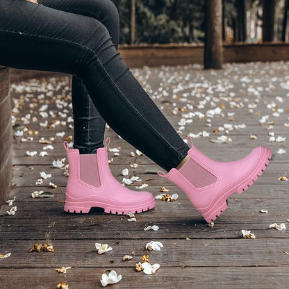 DKSUKO Rain Boots Women Waterproof Chelsea Boots Ankle Garden Shoes for Ladies Rubber Short Rainboots with Removable Comfort Insole for Outdoor Work Deck Mud Boots