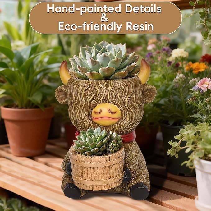 Highland Cow Succulent Planter Decor - Cute Resin Flower Pot for Indoor Plants(Drainage Hole and 2 Pots), Home Desk Decor, Best Gift for Plant Lovers, Garden Backyard Cow Stuff Statue, 6.5”H x 5.5”W