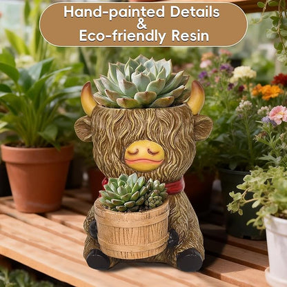 Highland Cow Succulent Planter Decor - Cute Resin Flower Pot for Indoor Plants(Drainage Hole and 2 Pots), Home Desk Decor, Best Gift for Plant Lovers, Garden Backyard Cow Stuff Statue, 6.5”H x 5.5”W