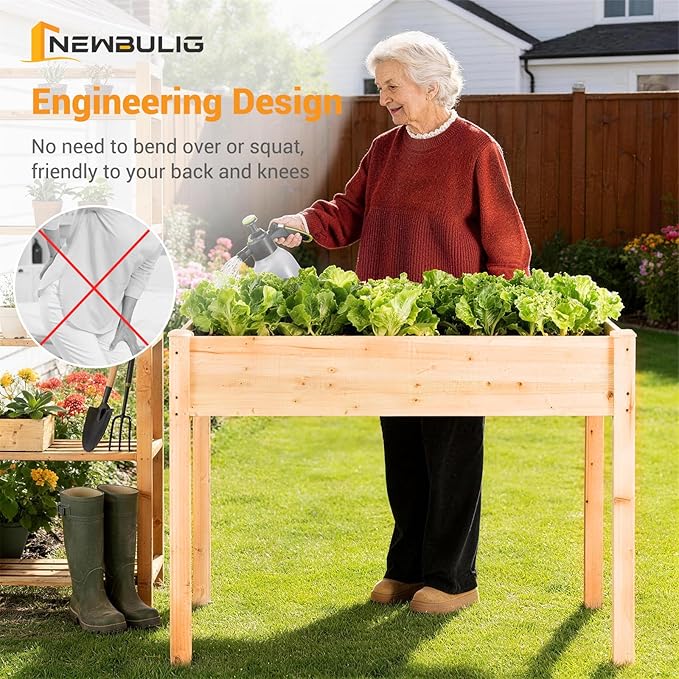 NEWBULIG Raised Garden Bed with Legs 48x24x30in,Elevated Wood Planter Box Stand for Outdoors Garden Balcony Courtyard, Natural Wood 300 Pound Capacity, for Planting Herbs Flowers Vegetables