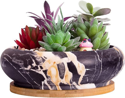 ARTKETTY Succulent Pots - 7.3 Inch Large Bonsai Pots with Drainage Tray, Ceramic Pots for Indoor Plants, Shallow Succulent Planters Marble Cactus Flower Plant Container Bowl