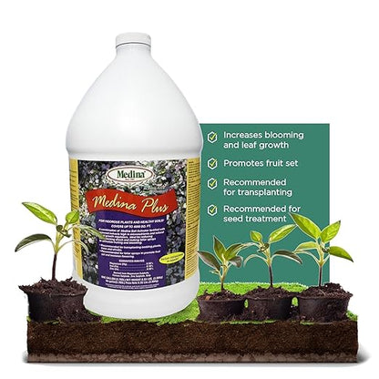 Medina Plus Soil Activator - Liquid Soil Loosener for Lawns & Gardens - Micronutrient-Rich Soil Conditioner & Softener - Used with House Plant Fertilizer, Liquid Plant Food for Houseplants - 1 Gal