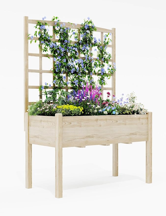 GarveeLife Raised Garden Bed with Trellis, Wood Elevated Planter Box Stand with Leg and Black Planter Liner, Standing Raised Planter Box for Climbing Flower Vegetable Herb