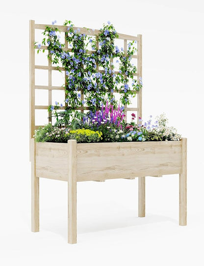GarveeLife Raised Garden Bed with Trellis, Wood Elevated Planter Box Stand with Leg and Black Planter Liner, Standing Raised Planter Box for Climbing Flower Vegetable Herb