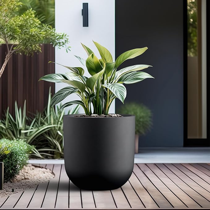 Kante 16.5" Round Concrete Planter, Large Cylinder Plant Pot with Curved Bottom and Drainage Hole, for Indoor and Outdoor Use – Garden or Patio, Black Finish with Painted Interior