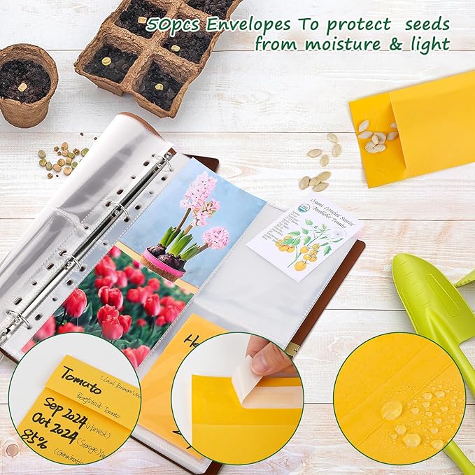 Seed Packet Organizer Binder, Garden Planner Packet with 25 Pack Clear Pocket Sleeves(Slot 3.9" x 5.5") 50Pcs Seed Storage Envelopes, Fit for Standard Seed Packets
