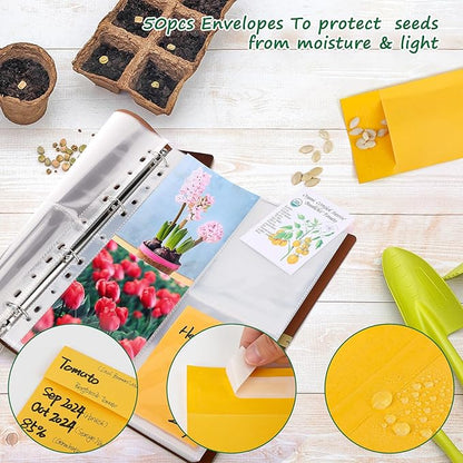 Seed Packet Organizer Binder, Garden Planner Packet with 25 Pack Clear Pocket Sleeves(Slot 3.9" x 5.5") 50Pcs Seed Storage Envelopes, Fit for Standard Seed Packets