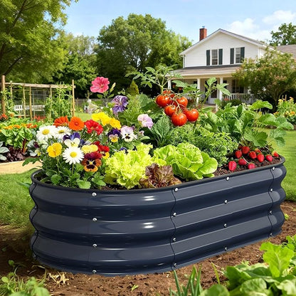 Raised Garden Bed 4×2×1 FT, Galvanized Metal Raised Planter Box Decorative Vegetable & Flower Planting Container for Patio Entryway Poolside Outdoor Landscaping Midnight Blue