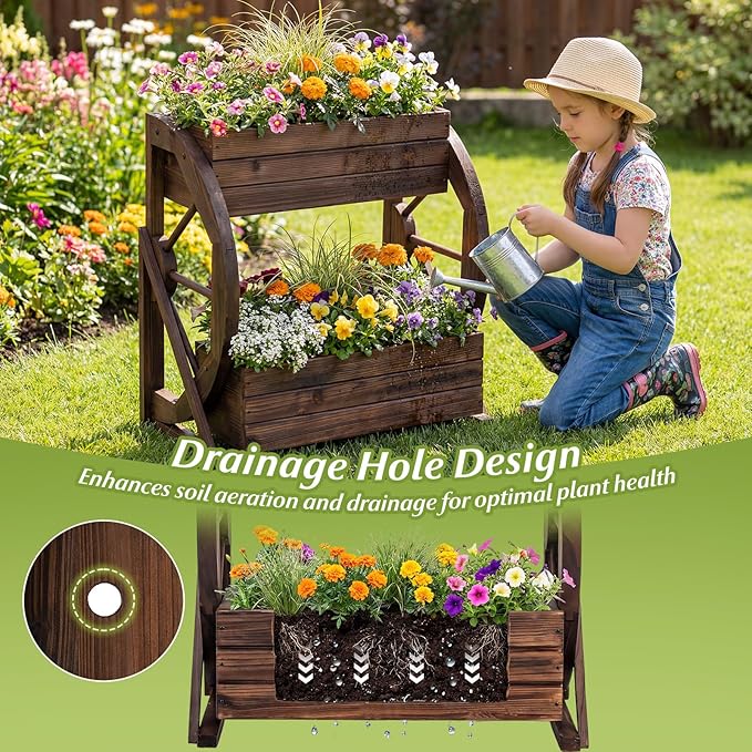 Giantex Wooden Wagon Planter Box, 2-Tier Garden Planter with Drainage Holes for Flowers Herbs Vegetables, Indoor Outdoor Decorative Planter Container for Patio Garden Balcony (1)