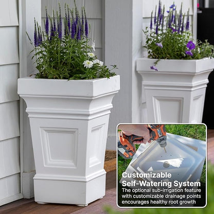 Step2 Atherton Square Planter, Large Planters for Outdoor Plants, Gardening and Flower Pot for Patio or Porch, Efficient Drainage, Durable Plastic, Classic White