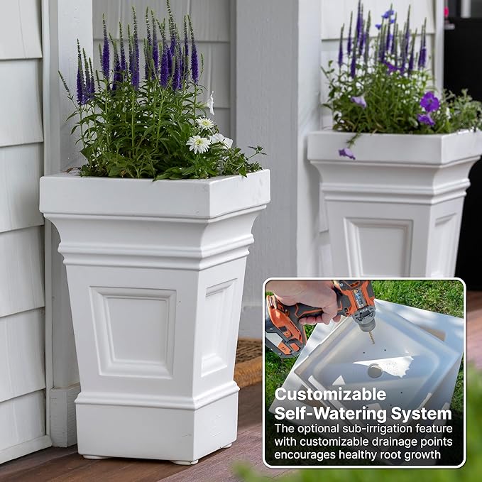 Step2 Atherton Square Planter, Large Planters for Outdoor Plants, Gardening and Flower Pot for Patio or Porch, Efficient Drainage, Durable Plastic, White, 2-Pack