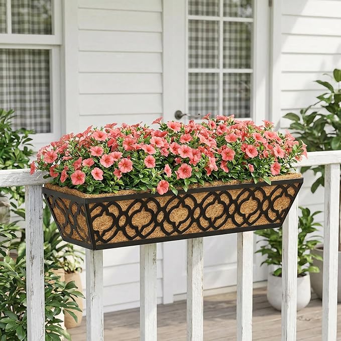 Y&M Flower Boxes for Deck Railings 24inch 4packs, Deck Railing Planter Boxes with Coir Liner Outdoor Railing Window Boxes Planters Hanging Planter Flower Box