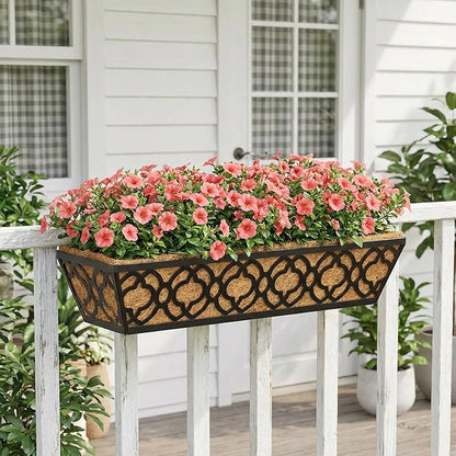 Y&M Flower Boxes for Deck Railings 24inch 4packs, Deck Railing Planter Boxes with Coir Liner Outdoor Railing Window Boxes Planters Hanging Planter Flower Box